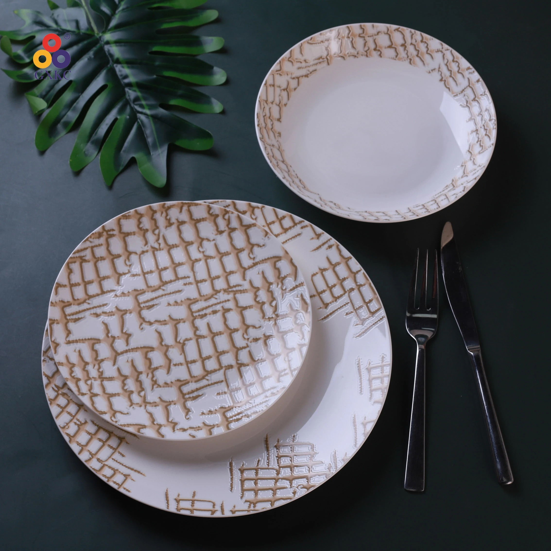 High quality Microwave Dishwasher Safe embossed tableware ceramic plates sets dinnerware
