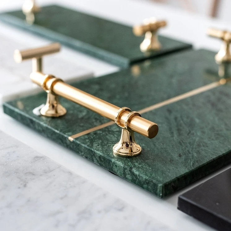 Square Marble Decorative Serving Tray Multifunctional Tray Dryer With Golden Handle
