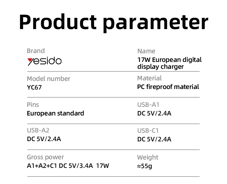 Yesido Three Charging Ports 17W MAX Charging Smart Digital Display EU Digital Charger