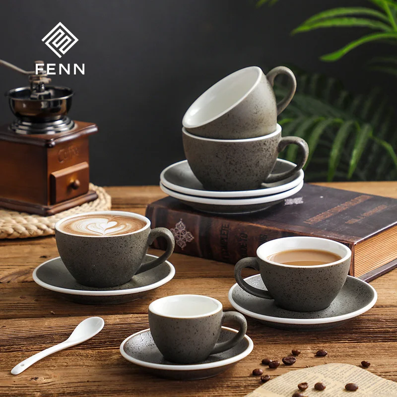 Retro American Ceramic Vintage Espresso Cups And Saucers Sets Classic Frosted Stoneware Coffee Cappuccina Cups