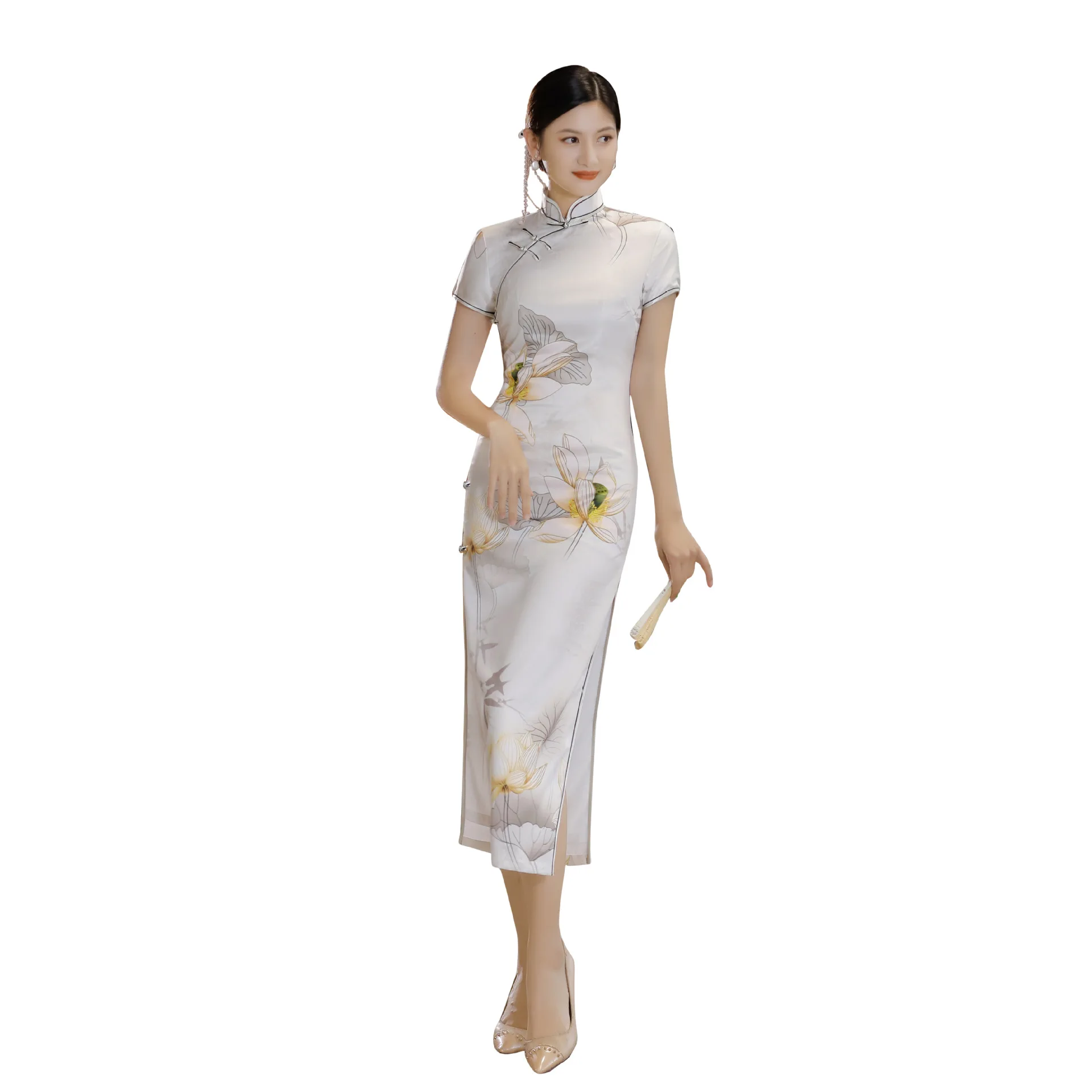 Оптовая продажа 2023 лето и осень новинка длинное атласное платье Qipao в стиле ретро банкетный двухслойный костюм для похудения
