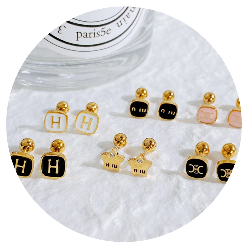 No Fading Stainless Steel Earrings Geometric Simple Letter Drip Glaze Screw Ear Bone Studs
