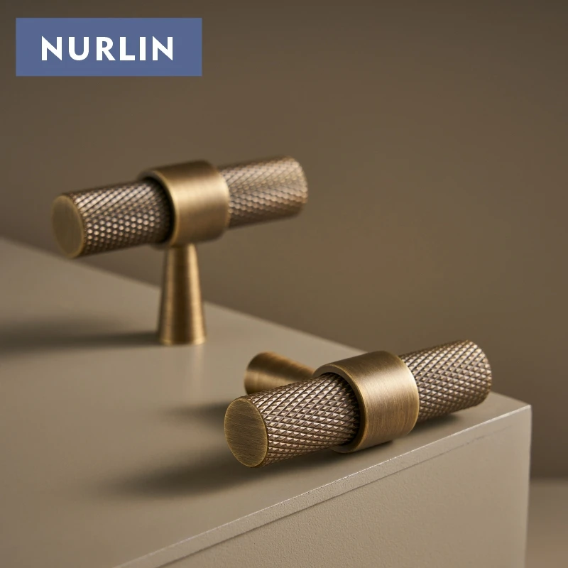 Nurlin Solid Brass Knurled Art Deco Retro Antique Industrial Style Cabinet Wardrobe Drawer Handle T-bar Pull
