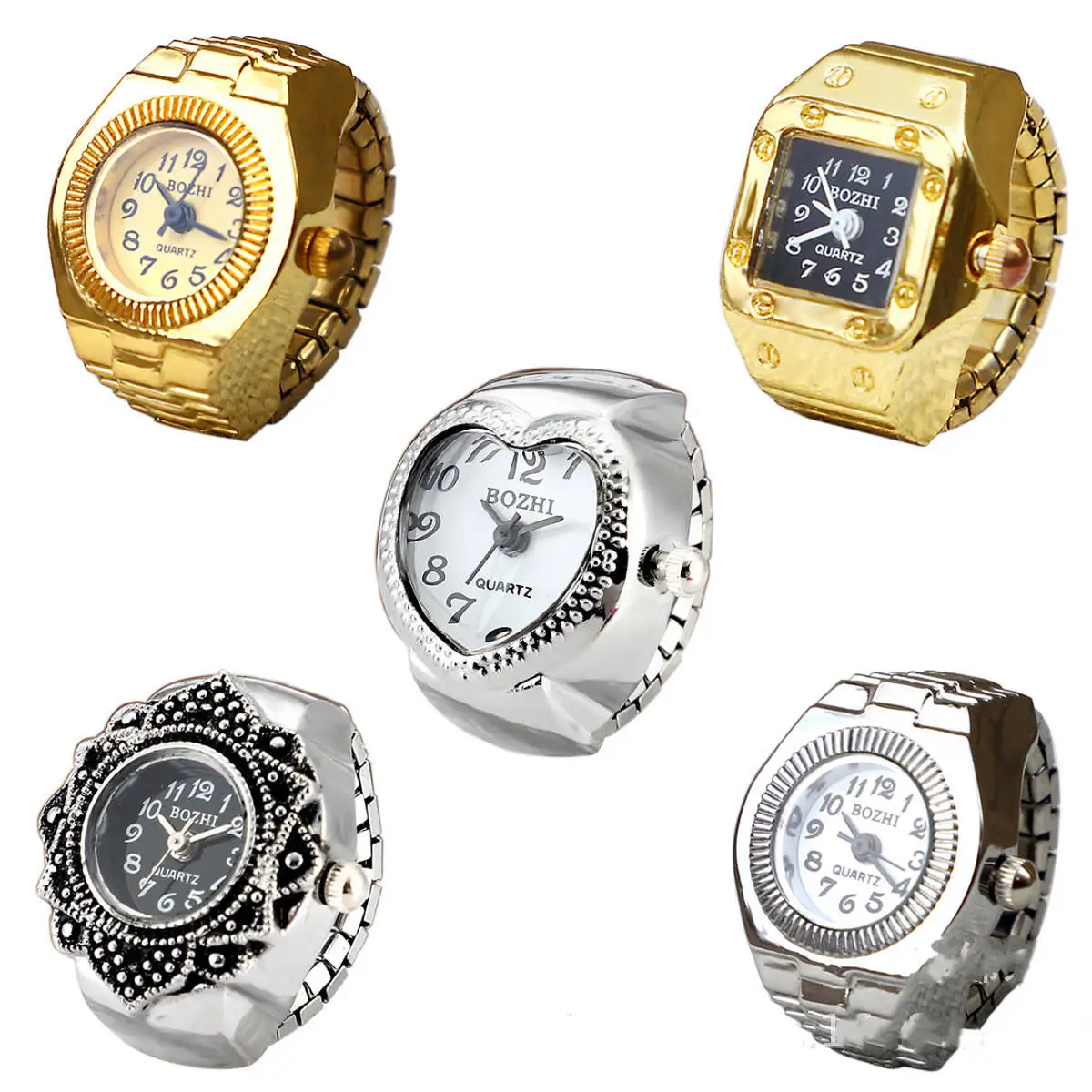 Hifive Wholesales Gold Plated Rivet Heart Quartz Watch Ring Unisex Jewelry Wrist Bands Smart Ring Watch for men women