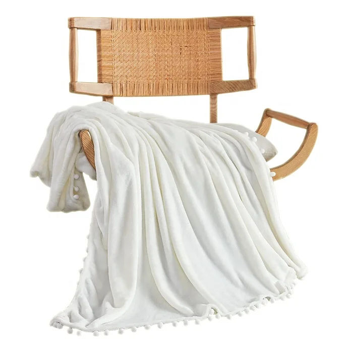 Comfort lightweight white coral fleece throw blanket with pompom fringe