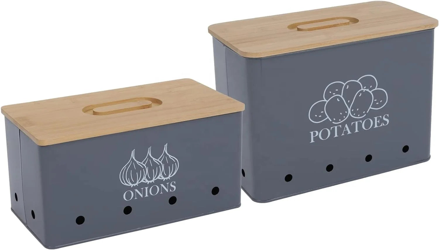 Set of 2 Stacking Kitchen Vegetable Fruits Storage Boxes for Potato Onion  Garlic with Bamboo Lid