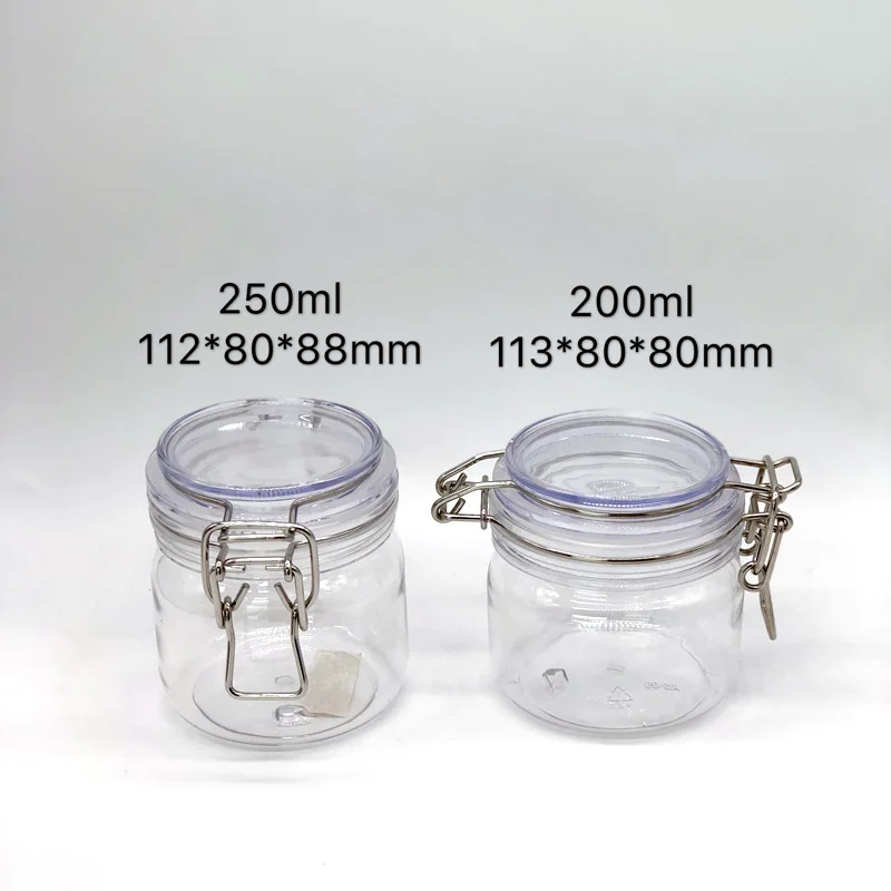 in stock round PET container 100ml 120ml 150ml 200ml 550ml 1000ml air seal plastic cosmetic kilner hermetic jar with metal lock