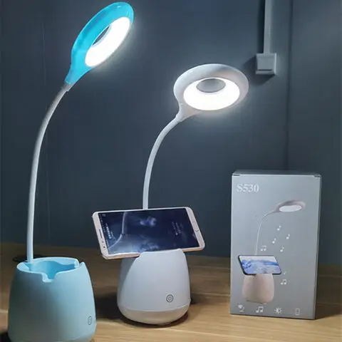 LED Desk Lamp Custom Plastic Warm White Bulbs Durable DC Features Phone Pen Holder Bluetooth Speaker Stand Desk Organizer Gifts