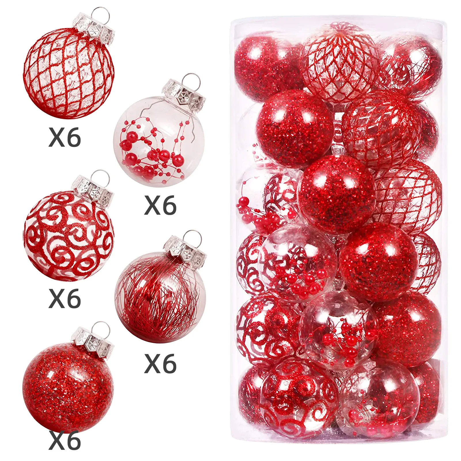 White Printed 6cm PET Transparent Ball Plastic Christmas Ball Decorative Hanging Balls Set Of 25pcs/box