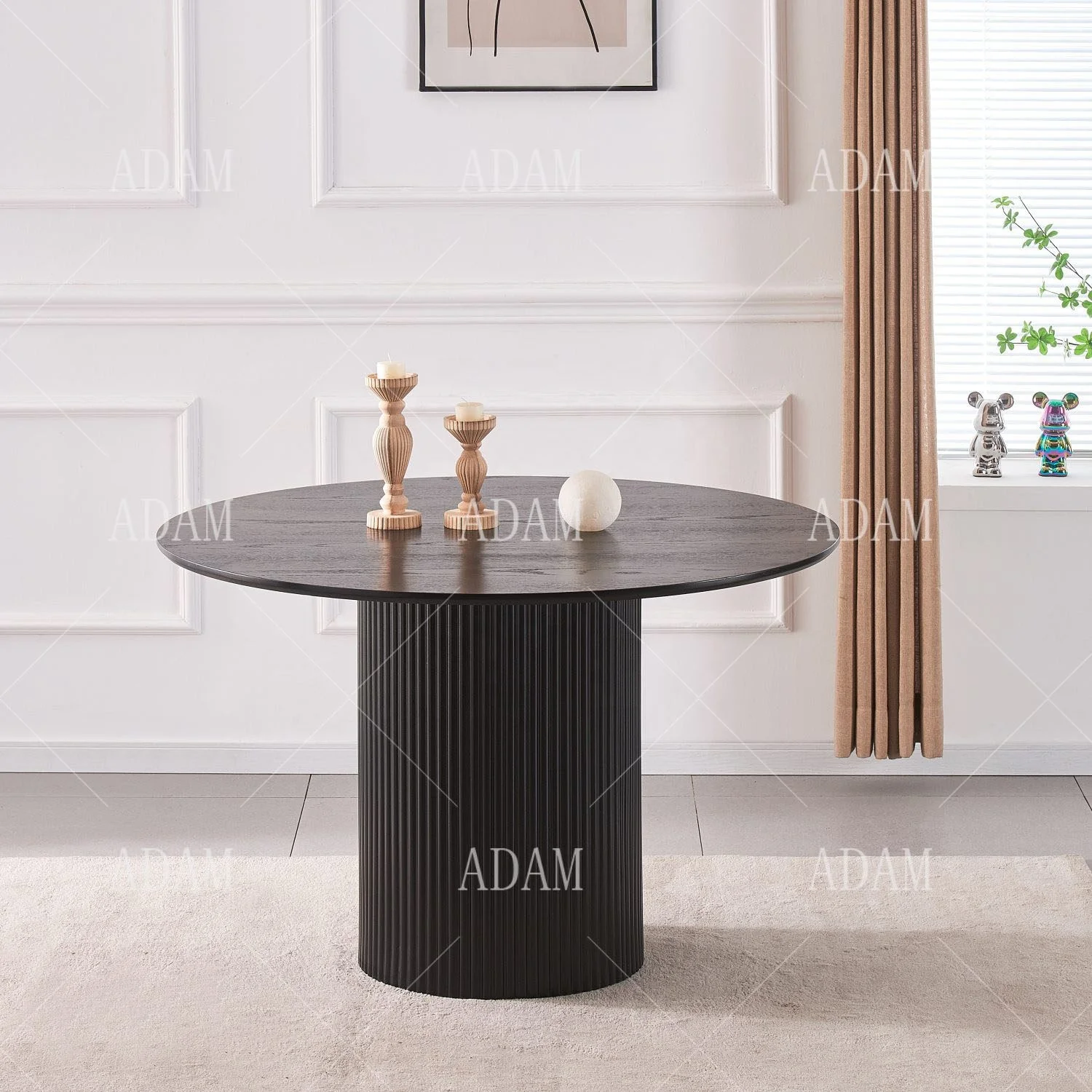 Modern Dining Room Furniture Restaurant Piper Fluted Table Wholesale Round BLACK MDF Dining Table set with Wooden Base
