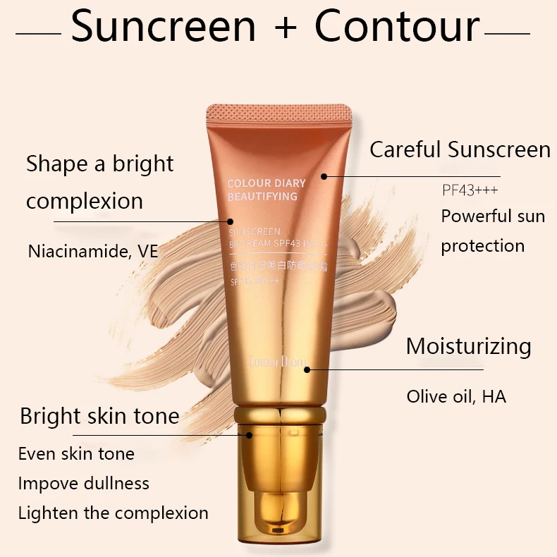 Wholesale Color Dairy Beautifying BB Cream SPF43 Makeup Body Face Sunscreen Private Label Cosmetics Whitening Facial Sun Screen