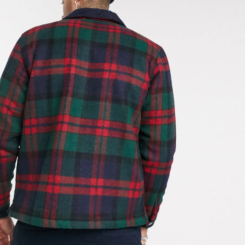 Custom logo mem fashion press-stud fastening borg collar plaid overshirt sherpa fleece check jacket