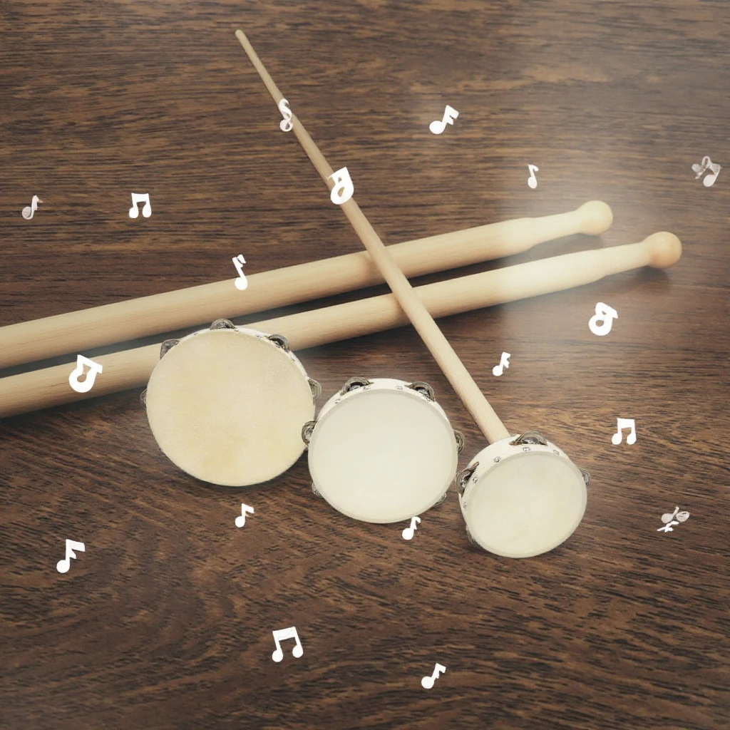JELO Professional 4-Inch Sheepskin Tambourine Handcrafted Birch Wood Body with Metal Jingles Xylophone Drum Set Toys
