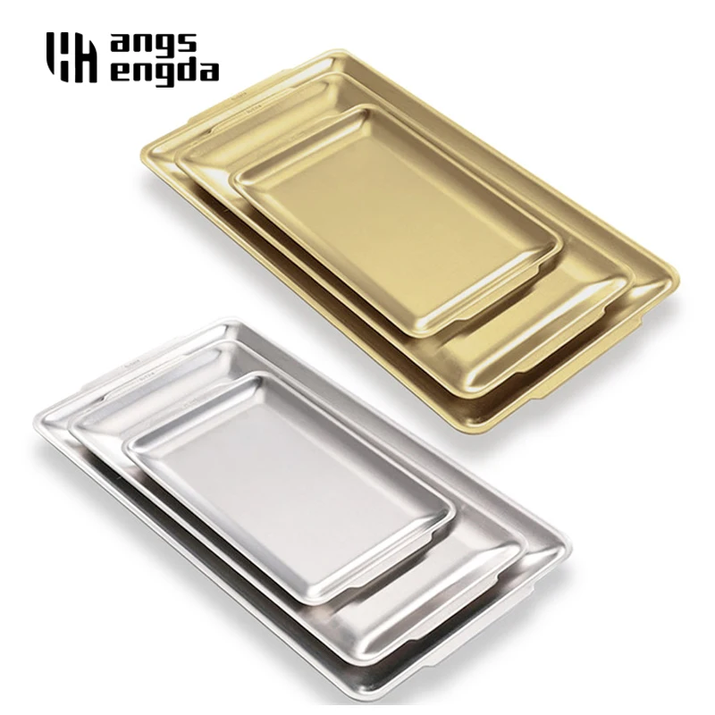 Thick Stainless Steel Gold Serving Plate Restaurant Fish BBQ Skewers Seafood Sushi Plate Rectangular Large Flat Storage Tray