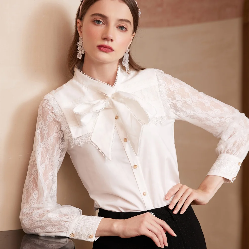 Bow Collar Lace Patchwork Shirt Blusas De Mujer Blouses Et Chemises Pour Femmes Stylish Shirt