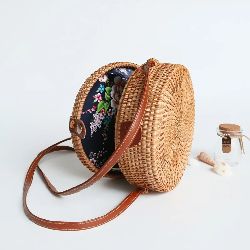 Handwoven Round Rattan Bag Shoulder Leather Straps Natural Crossbody Summer Beach straw bag