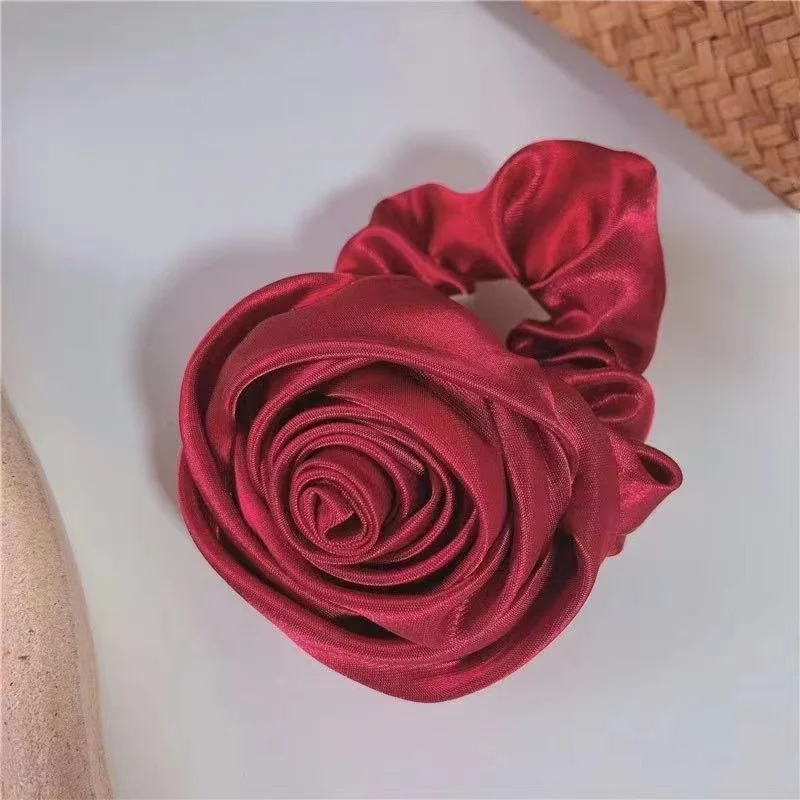 French vintage creamy flower scrunchies hair bands hot seller luxury romantic handmade white big rose satin silk scrunchy girls