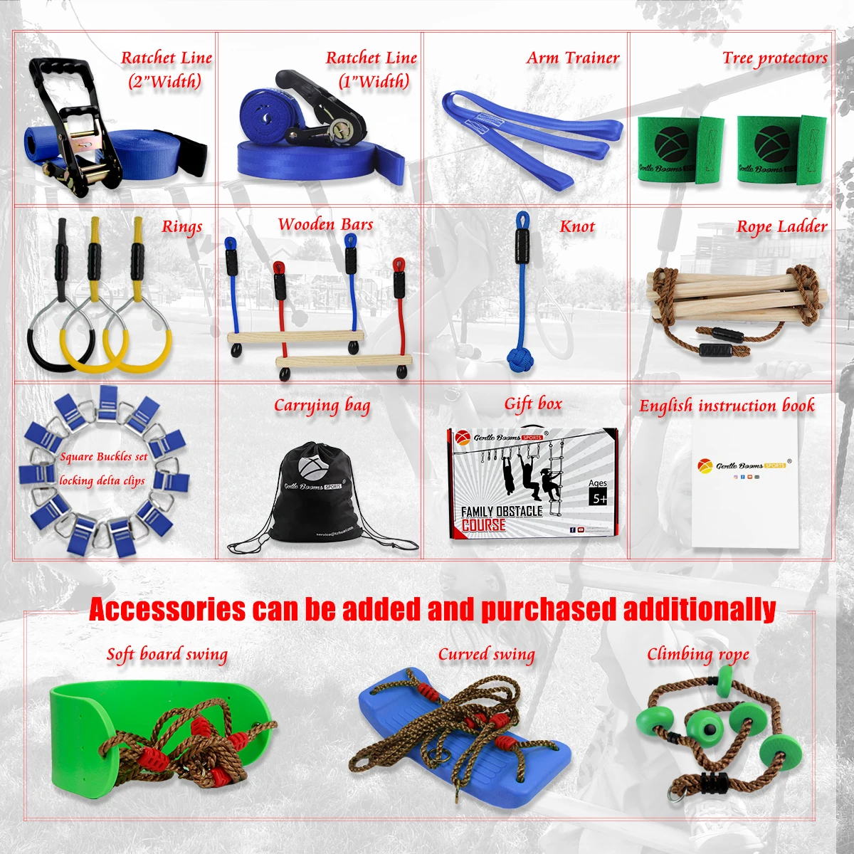 Gentle Booms Sports 36ft 40ft 45ft 50ft 56ft Slackline Monkey Bar Kit Ninja  Slackline Line Obstacles for Kids