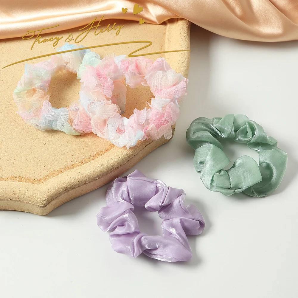 Tracy & Herry Sweet Candy Color Organza Hair Accessories 2 PCS Elastic Hair Scrunchies Set Fairy Girls Ladies for Spring
