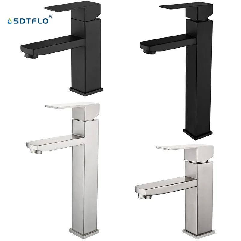 OEM ODM Modern Matte Black Stainless Steel Square Wash Basin Tap Handle Hot Cold Water Mixer Bathroom Basin Faucet