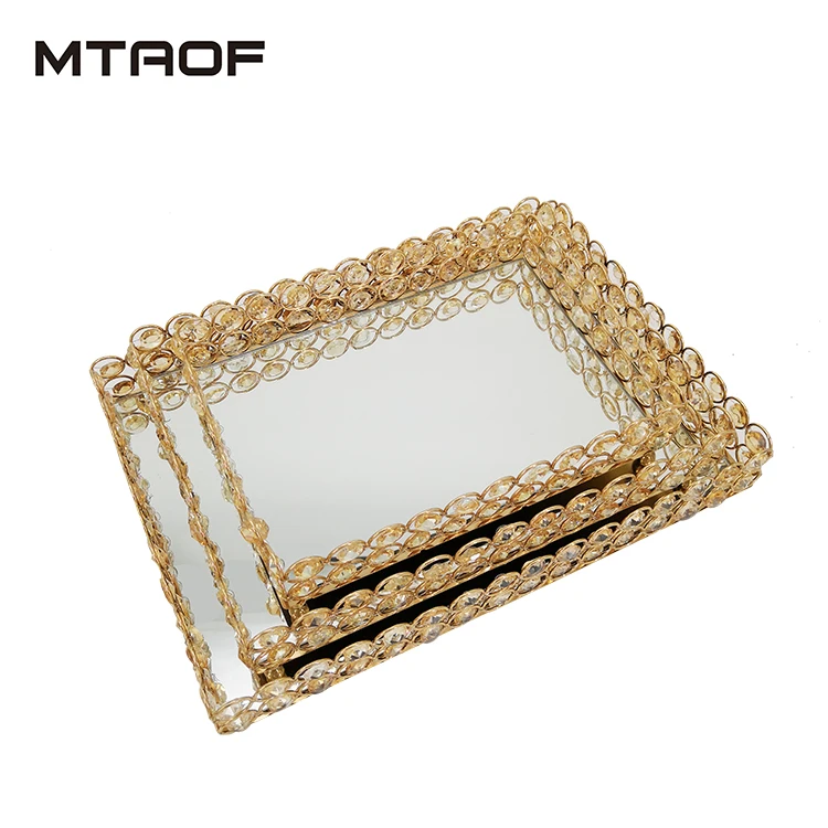 
nodic glass hollow wedding hotel decoration crystal metal square serving Mirror tray 