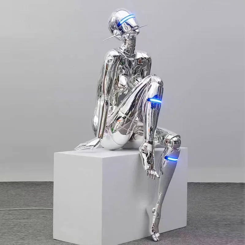 Future Technology Modern Metal Crafts Rotating LED light Robot Women Fiberglass Resin Sculptures  for indoor outdoor decor