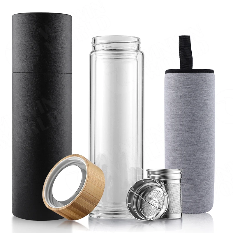 Стеклянная бутылка для воды с естественной крышкой, стеклянная бутылка с индивидуальным принтом, стеклянная бутылка с двойными стенками, вода