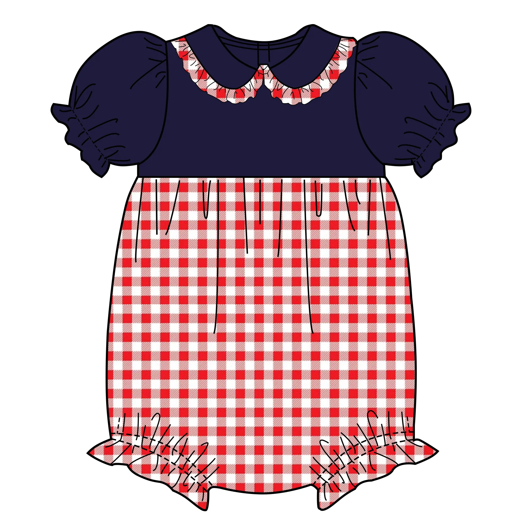Customized Summer Bubble Toddler Bodysuit Plaid One Piece Cotton Knit Peter Pan Collar Little Baby Girls Romper