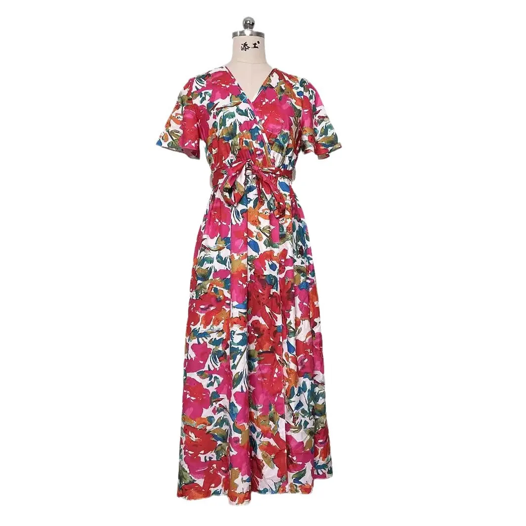 Womens Summer Dresses 2024 Short Sleeve V Neck Drawstring Casual Ruffle A-Line Swing Midi Dress