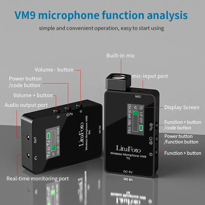 VM9 1V2 UHF Lavalier Wireless Microphone Mic 20 channel adjustable for DSLR Smartphone laptop for 4-5 Hrs Recording Videos