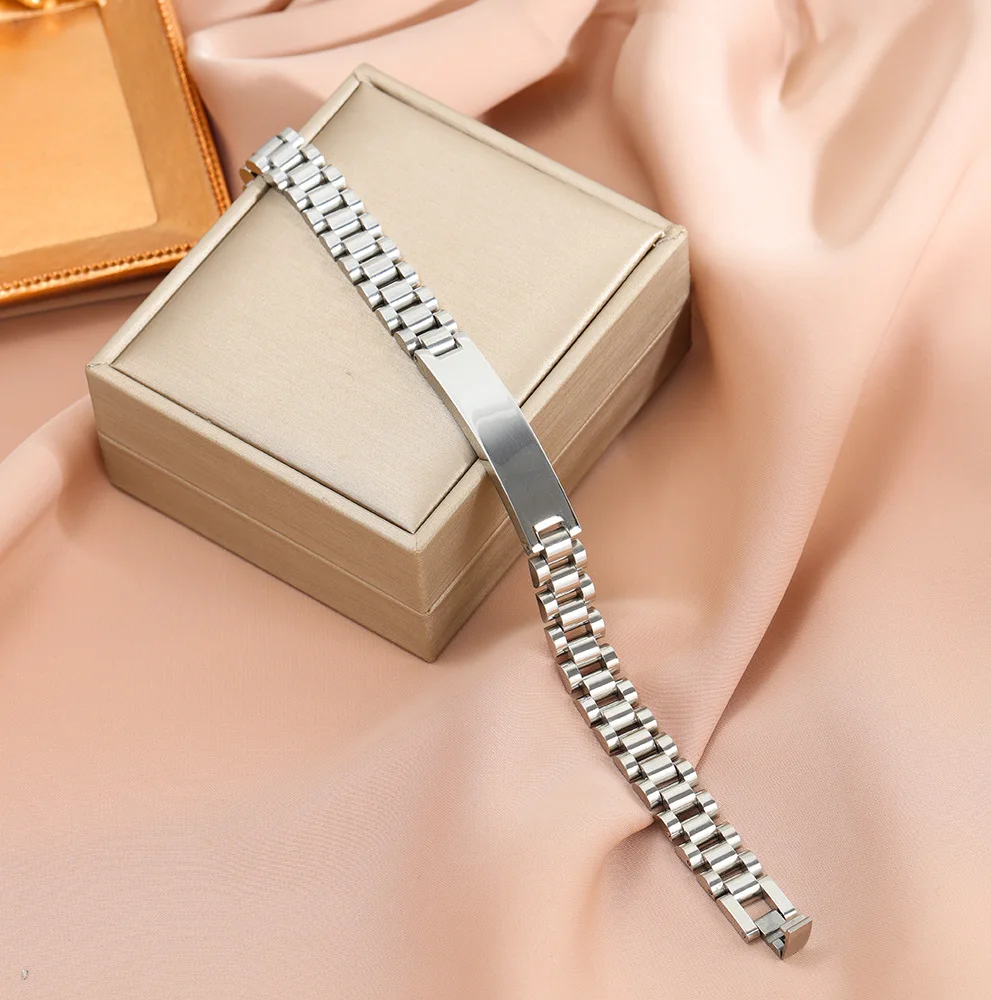 Wholesale Custom Gold Stainless Steel Jewelry Laser Engraving Name LOGO 6-15MM Curved Card Watch Band Chain Bracelets Men Women