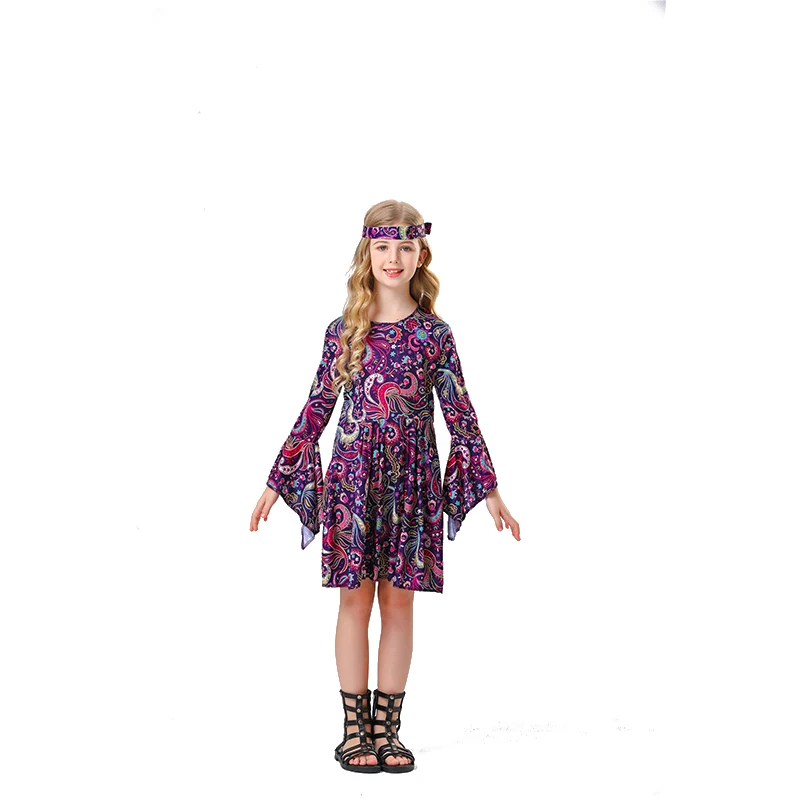 Carnival Children 70s Vintage Hippie Disco Costume Cosplay Costume For Children Masquerade Ball Disco Performance Purple Skirt