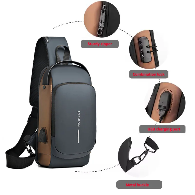Wholesale 2024 Fashion Waterproof USB Men Cross body Sling Bag Men Chest Shoulder Bag For Men Anti theft Shoulder Sling bag