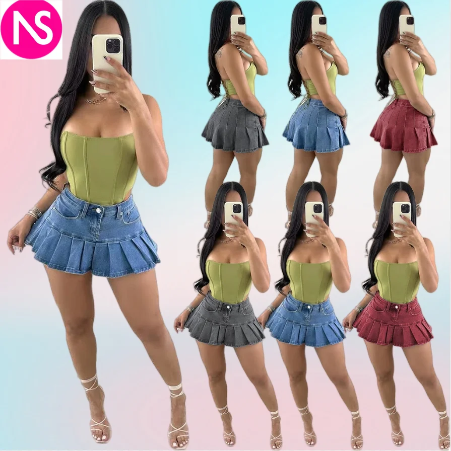 2024 New Short Jean Skirt Wholesale Denim High Waist In Stock Blue Short Skirt Ladies Pleated Skirts