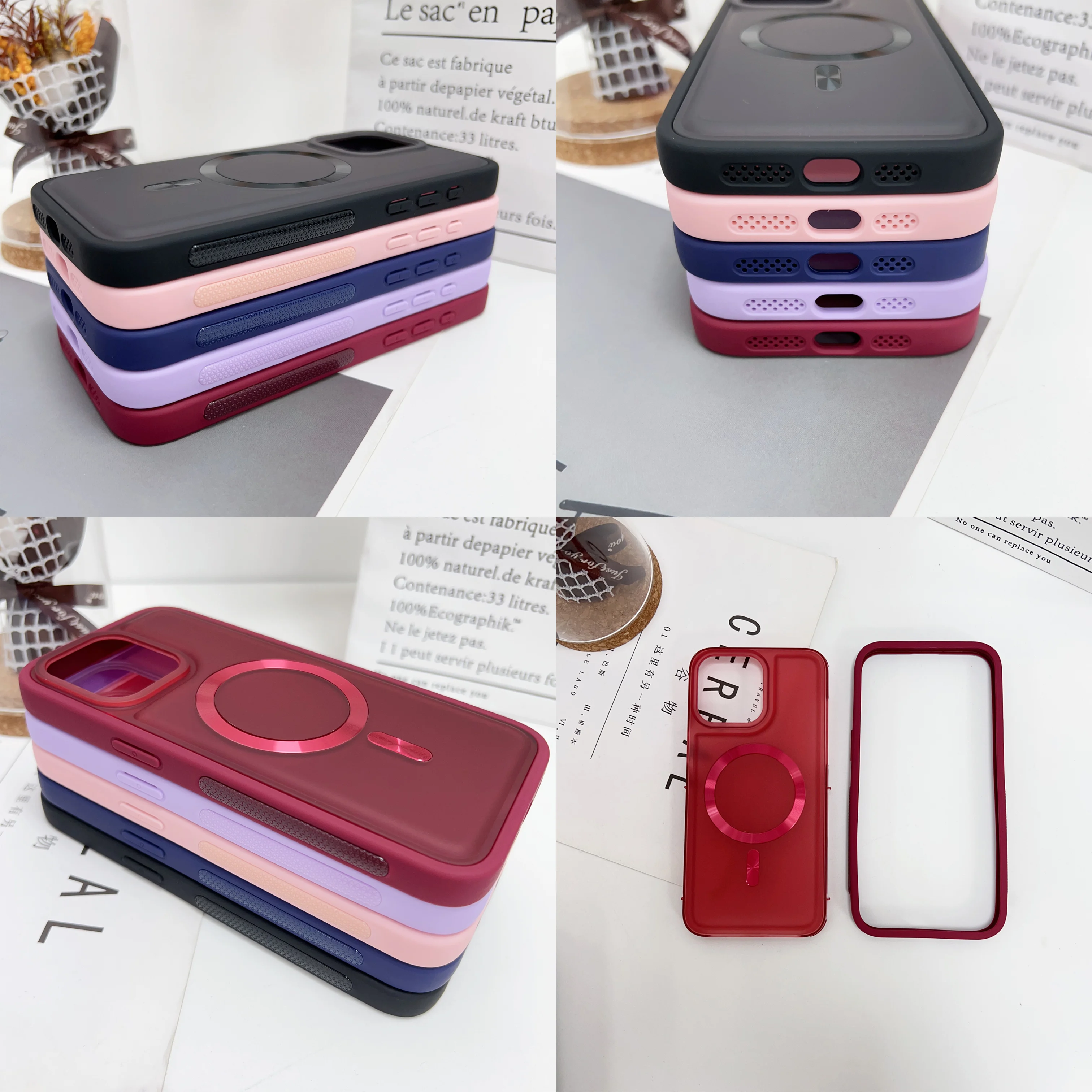 2024 three in one Matte PC case magnetic ring anti slip side strip TPU mobile phone case For Iphone 16 15 pro max