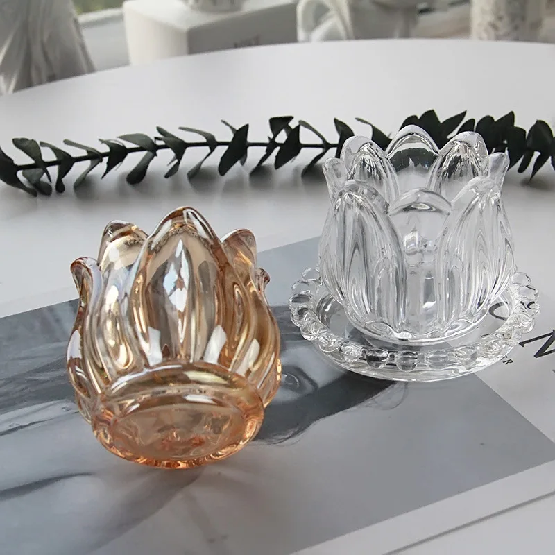 Customized tulip shaped transparent amber vintage glass scented candle holder INS style for wholesale candle vessels