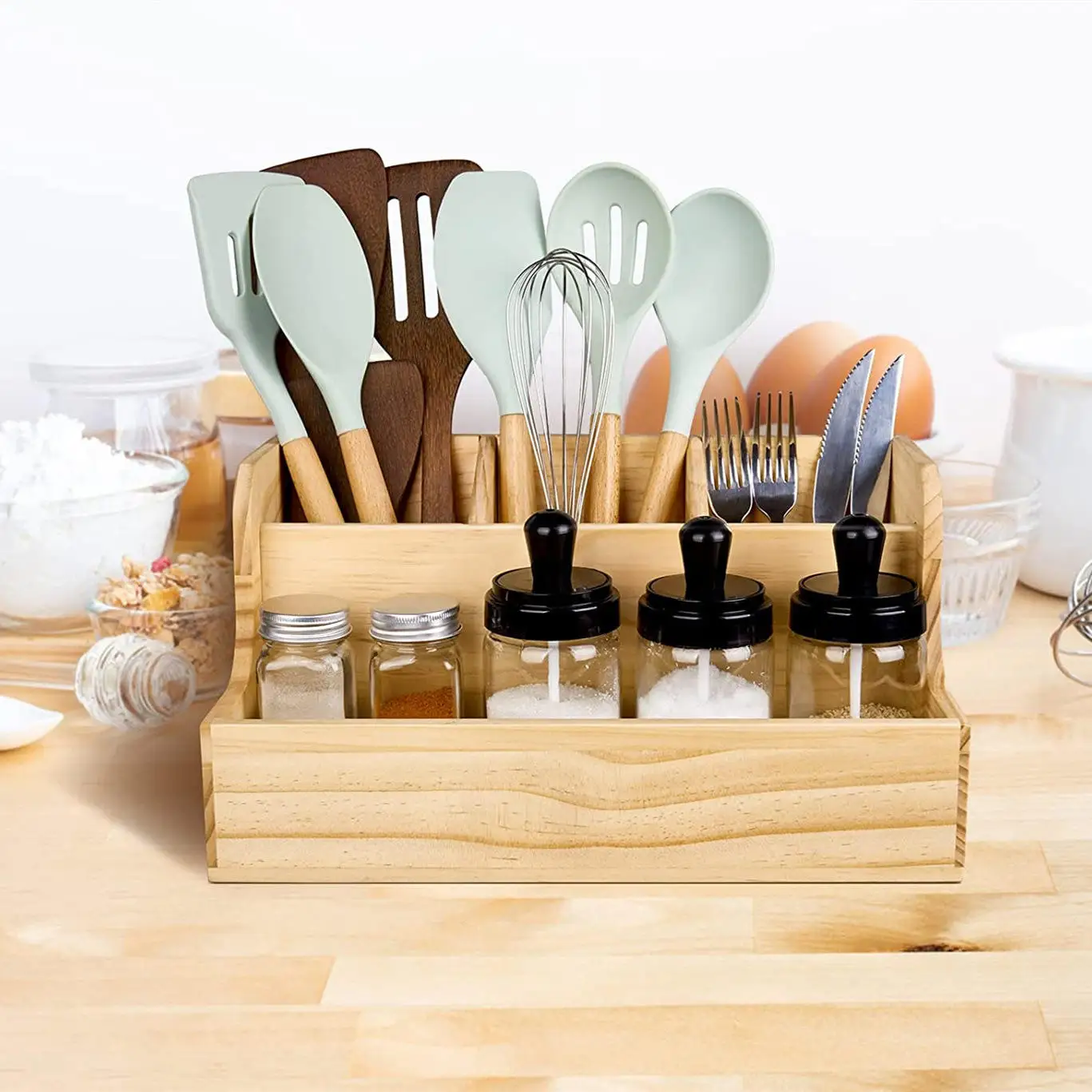 Bamboo storage box with drawer, layering arrangement of bedroom sundries storage rack Kitchen wooden spice rack,utensils shelf