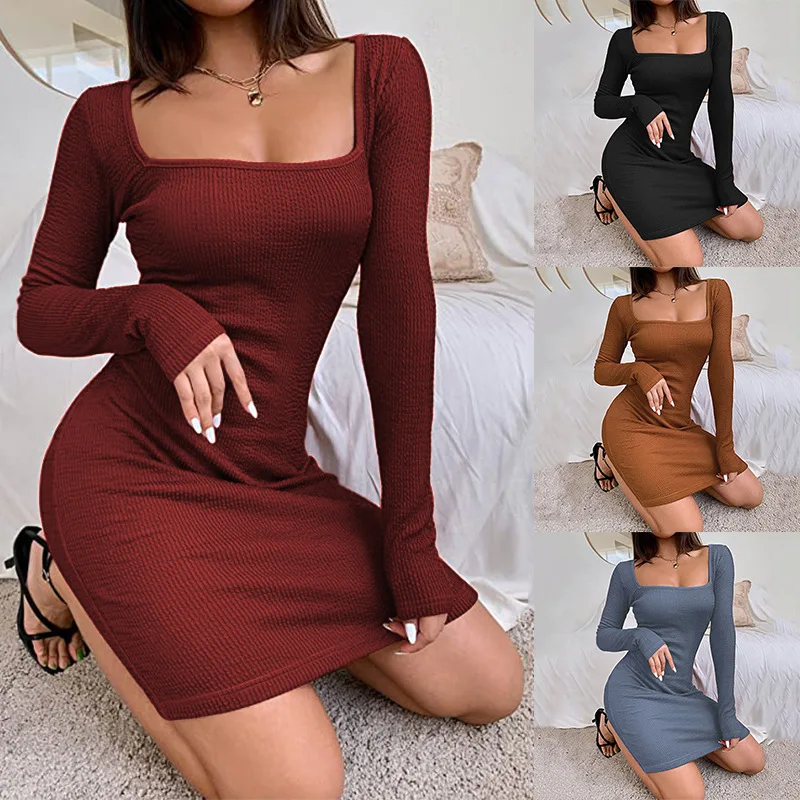 2021 Fall New Solid Square Neck dresses European and American Woman Designer Clothes  Pullover Long Sleeve Slim Long Dress