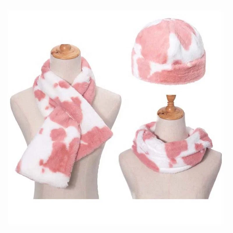 hot selling women cow faux rabbit fur tie dye winter warm scarf and hat set