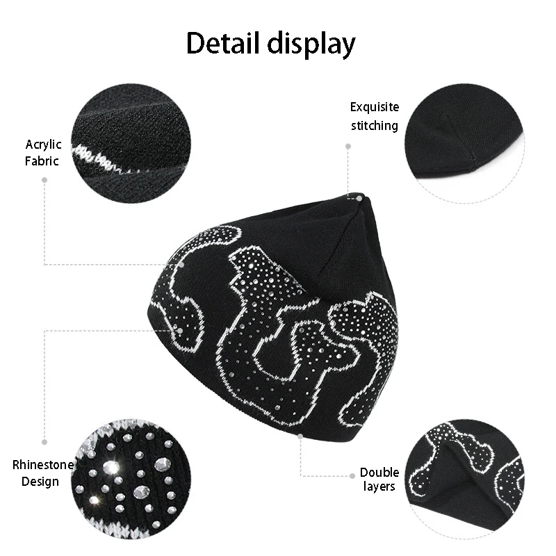 High Quality Custom Printed Logo Letter Bling Bling Diamond Rhinestone Knitted Jacquard Beanie With Rhinestone