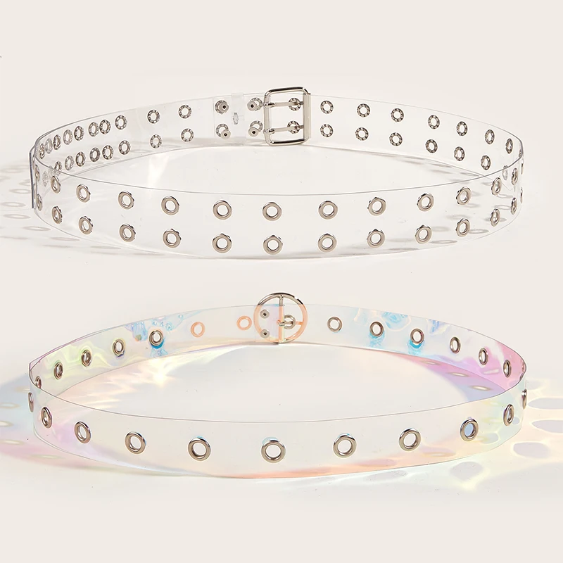 2PCS Fully Transparent Belt Female Silver Square Button PVC Clear Belt And Silver Round Button PVC Laser Plastic Belt