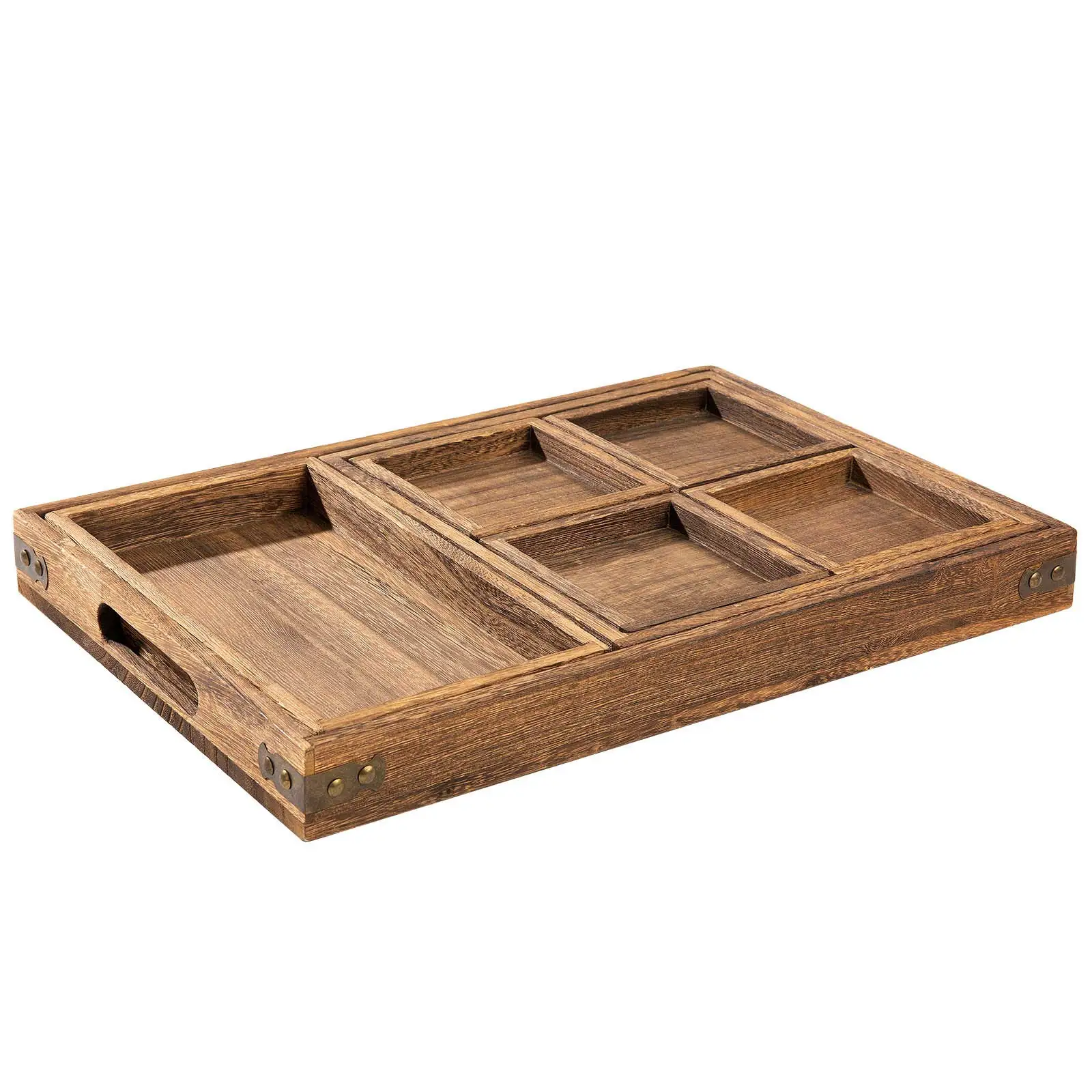 Rustic Wooden Serving Trays with Handle - Set of 7 Rectangular Platters for Entertaining, Breakfast, Coffee Table, Home Decor