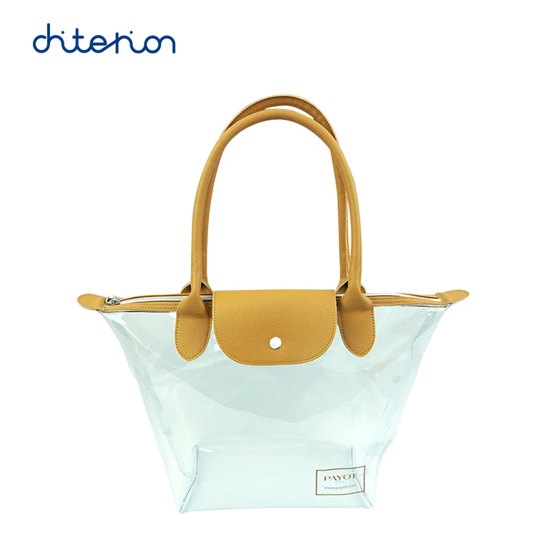Chiterion Fashion Portable Clear PVC Tote Bag Eco-friendly Transparent Women Clutch Handbag Purse Pouch With PU Leather Handles
