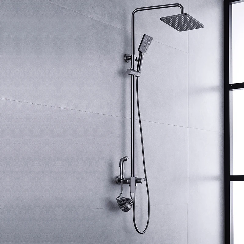 Piano Bathroom Shower Faucet Set Wall Mounted Gun Gray Piano Bath Shower System Solid Brass Bathtub Mixer Tap Rain Shower Head