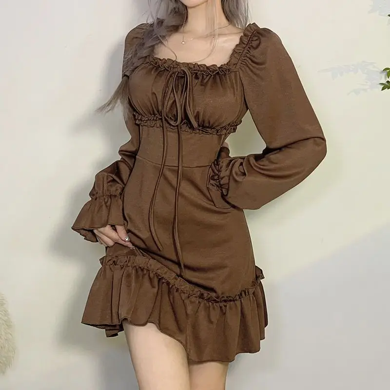 fashion wholesale ladies dress elegant Brown Retro Square Neck Dress for Woman customized lace Puff Sleeve  women casual dresses
