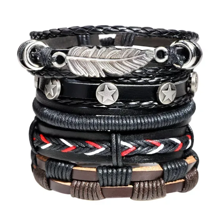 1 set 5pcs adjustable mens alloy feather symbol multi rope wax cord fashion vintage stars braided leaf woven bracelet men brace
