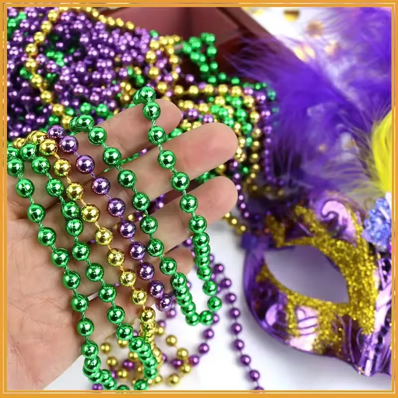 Plastic Colorful Gold Green Purple Mardi Gras Throw Beads Necklace  for Mardi Gras Tuesday Party and Holiday  Decoration