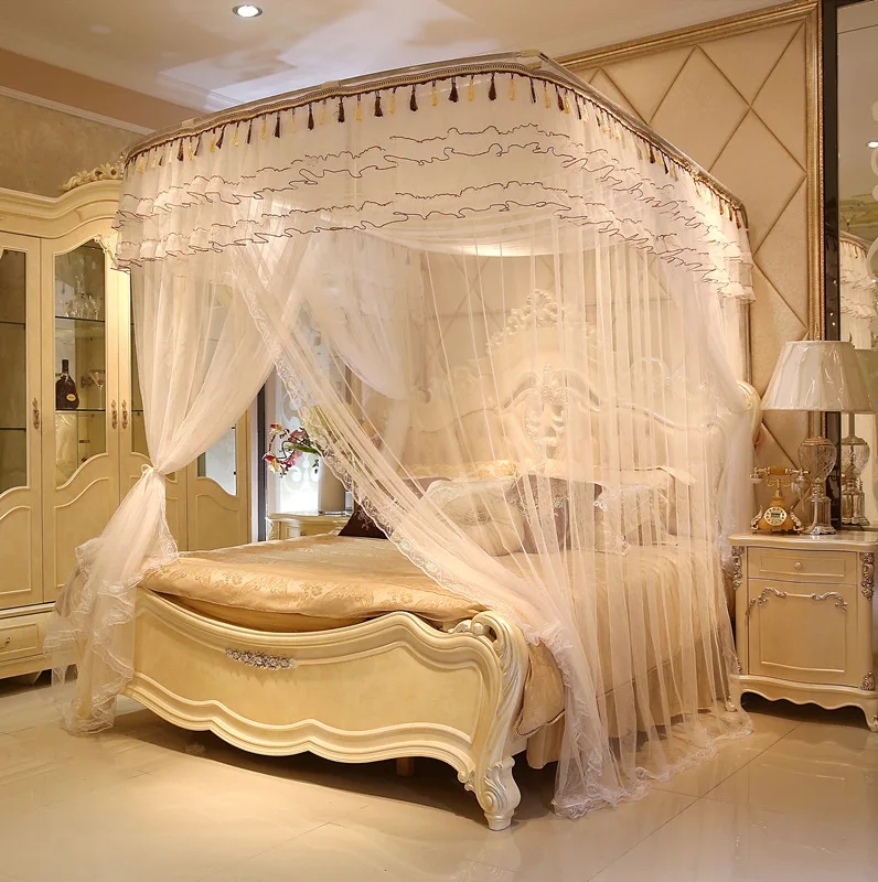 Embroidery Lace Pleated Luxury Mosquito Tent Mesh Square Romantic Princess Queen Size Double Bed Net Canopy Mosquito Net for Bed