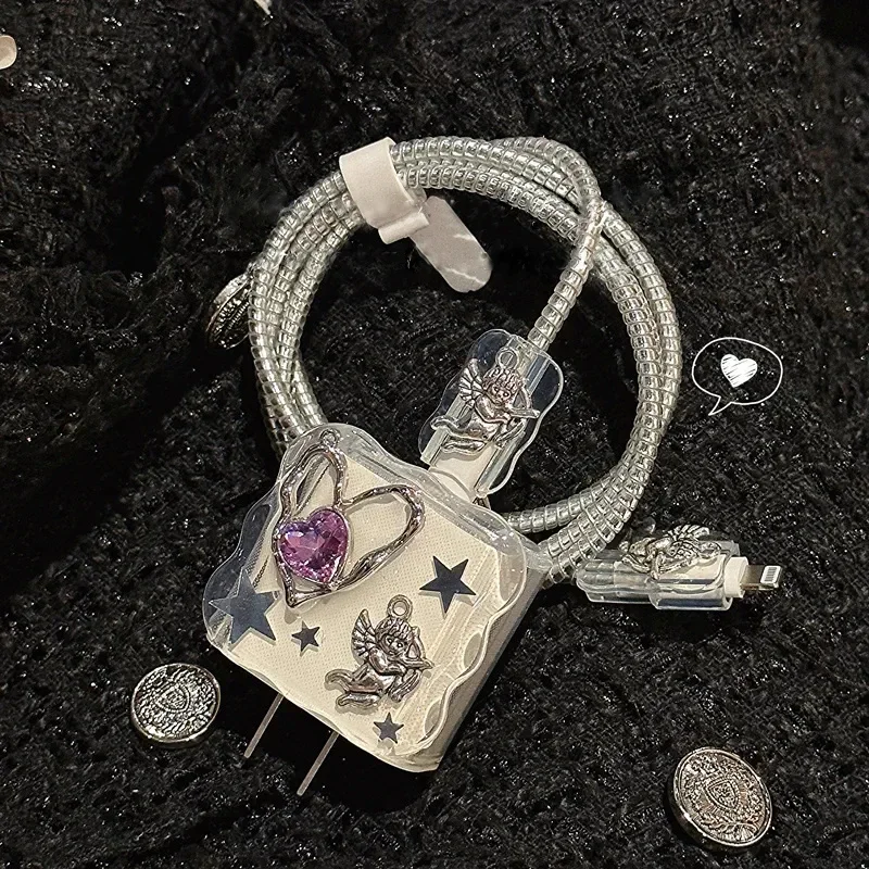 Korea Cute Epoxy Diamond Love Heart Charger Case For IPhone 11 12 13 14 15 18/20W Clear Charge Protection Cover Charger Sleeve