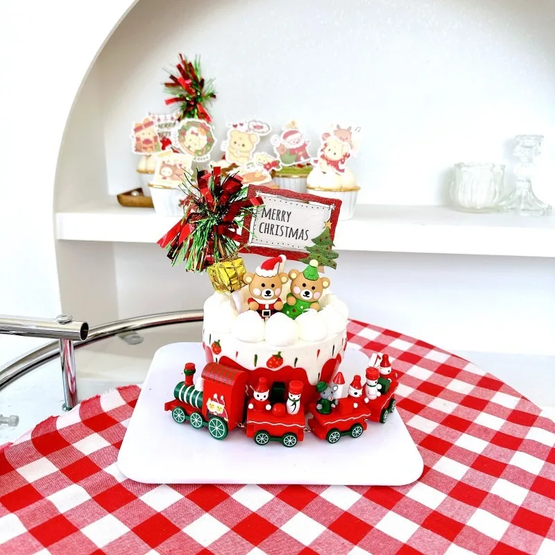 Korean Ins Style Wooden Christmas Cake Decoration Colorful Wholesale Wooden Party Supplies for Festive Cake Display